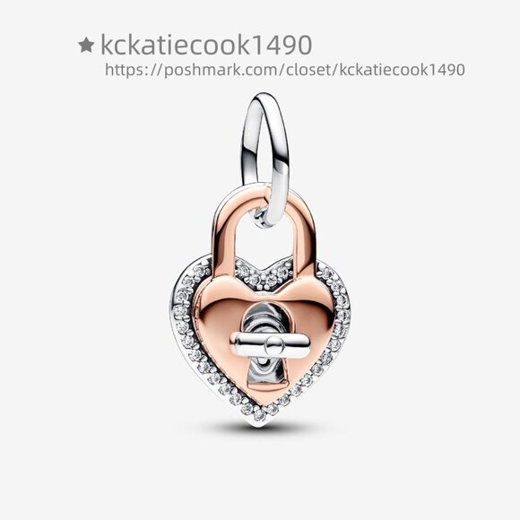 Pandora Two-tone Twistable Heart Padlock Double Dangle Charm - Picture 1 of 6